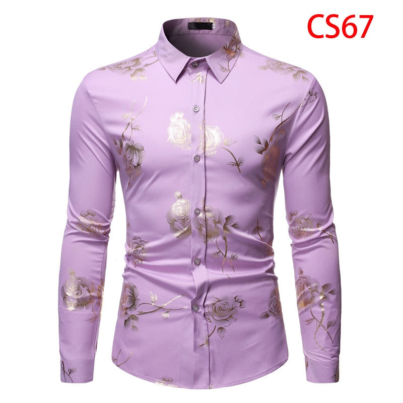 Mens Gold Rose Floral Print Shirts Brand Floral Steampunk Chemise White Long Sleeve Wedding Party Bronzing Camisa Masculina