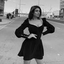 Fitshinling Vintage Gothic Velvet Dress Mujeres Dark A Line Botones Winter Grunge Slim Vestidos Manga larga Black Punk Vestidos Nuevo