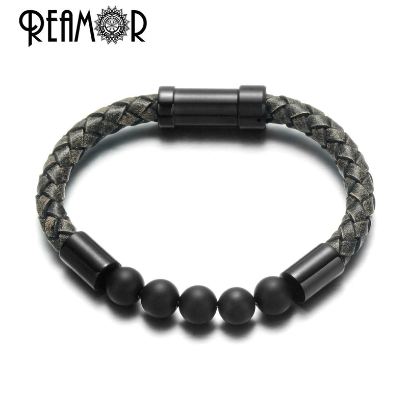 REAMOR Men Black Green Natural Stone Braided Leather Bracelets Gold Color 316L Stainless steel Embedded Clasp Bangle Jewelry