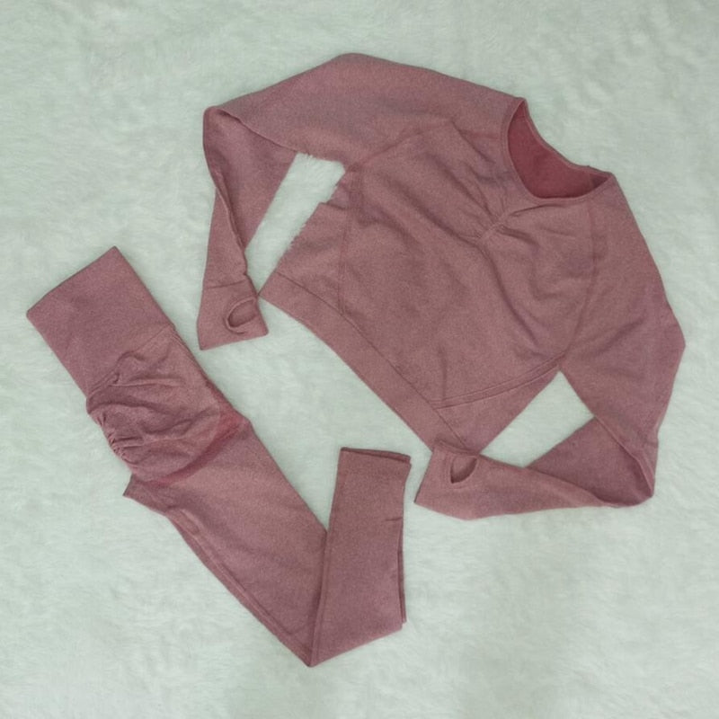 Conjunto de Yoga sin costuras para mujer, mallas de gimnasio de cintura alta a prueba de sentadillas, camisetas, camisetas de manga larga, conjuntos deportivos de entrenamiento de Fitness