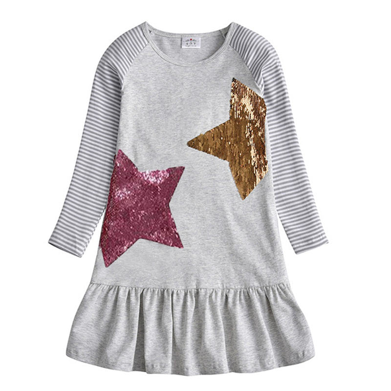 DXTON Winter Kids Dresses For Girls Flying Sleeve Unicorn Children Dress Star Stripe Toddler Cotton Clothing Causal Girls Dress