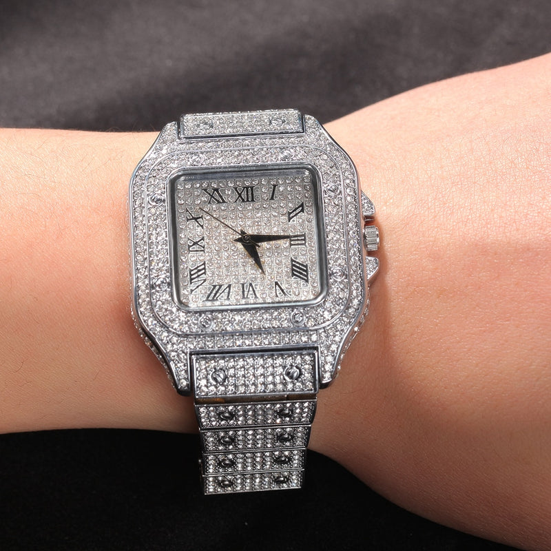 Hip Hop Full Iced Out Full Drill Men Square Watches Stainless Steel Fashion Luxury Rhinestones Quartz Square Business Watch