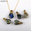 Faceted Natural Labradotite Perfume Bottle Pendant Connector Gold Plating Gems Stones Essential Oil Necklace for Women PB001-8