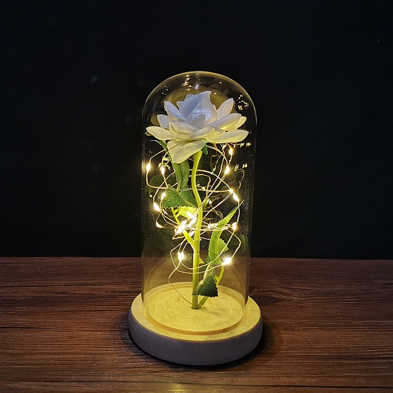 LED Enchanted Galaxy Rose Eternal 24K Gold Foil Flower with String Lights In Dome for Home Decor Christmas Valentine&