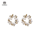 MENGJIQIAO New Elegant Hollow Pearl Flower Sweet Circle Stud Earrings For Women Fashion Cute Party Bijoux Brincos Jewelry Gifts