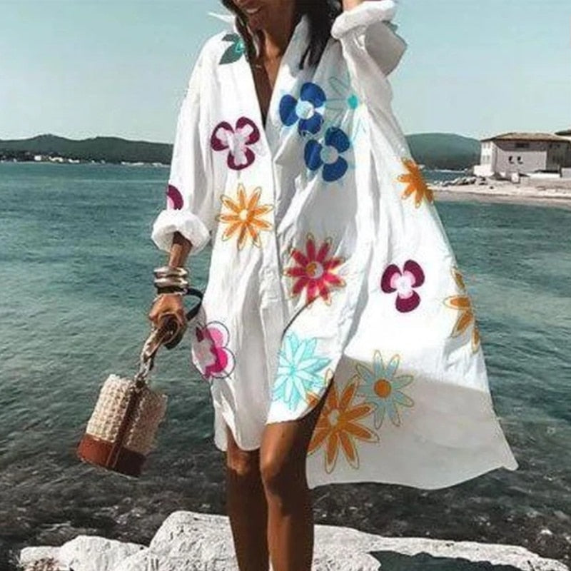 2021 Summer Women Dresses Turn-down Collar Print Casual Long Sleeve Shirt Dress Oversized Loose Beach Party Vestidos Robe Blouse