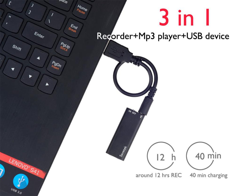 Savetek Kleinster Mini-USB-Stift mit Sprachaktivierung, 8 GB, 16 GB, digitaler Audio-Voice-Recorder, MP3-Player, 192 Kbps, Aufnahme von WAV