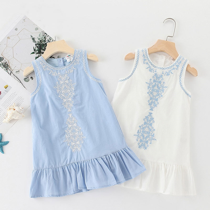 2023 Hot Summer 2-10 Years Old Brief Kids Lace Embroidery Flower Floral Sleeveless Flounce Vest Tank Sundress Girls Dress Cotton