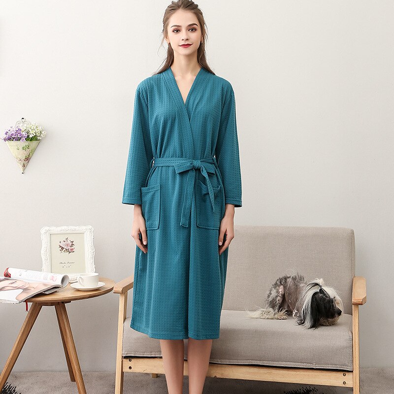 Women Summer 2021 Long Soft  Bath Robe Pajamas Kimono Solid Waffle Bathrobe With Sashes Dressing Gown Sleepwear Female Homewear