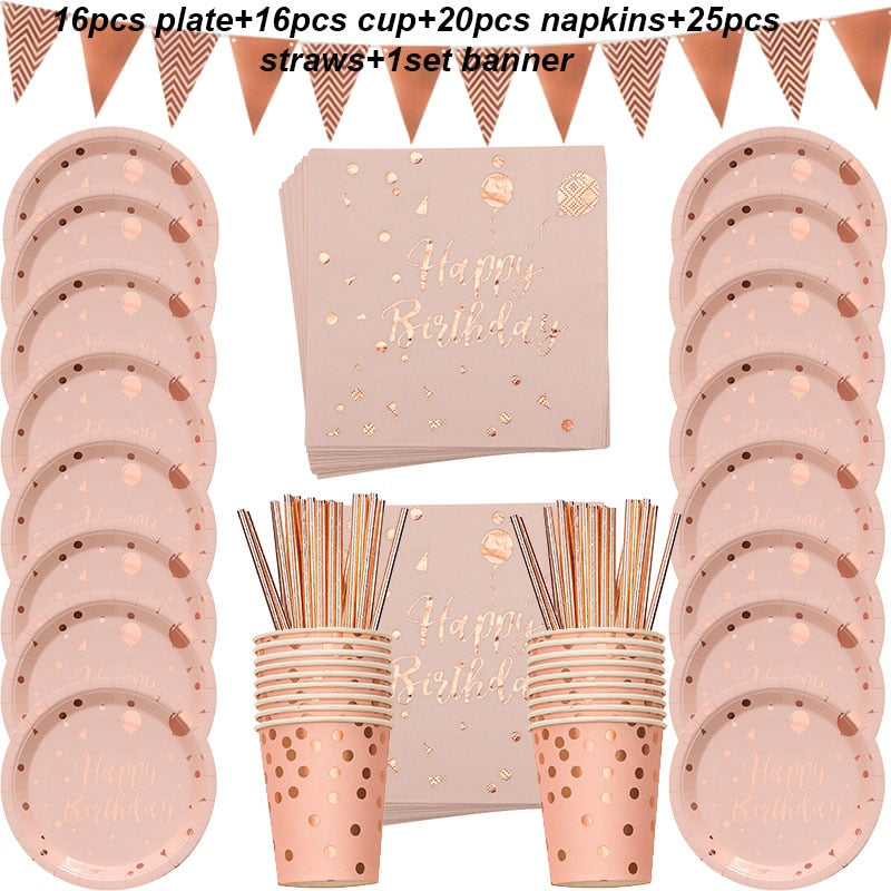 78 teile/satz Rose Gold Happy Birthday Decor Mädchen Einweggeschirr Set Pappteller Hot Stamping Adult Birthday Party Supplies