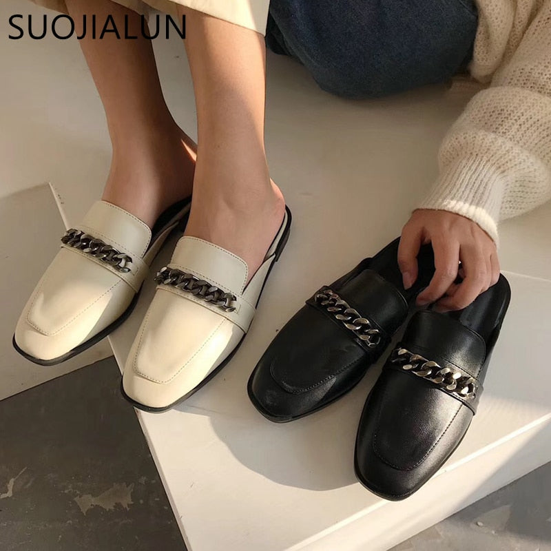 SUOJIALUN Luxury Design Slip On Outside Mules Slippers Brand Chain British Sandal Shoes Flat Round Toe Slides Big Size 41