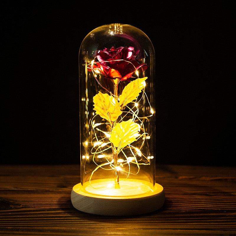 LED Enchanted Galaxy Rose Eternal 24K Gold Foil Flower con cadena de luces en cúpula para decoración del hogar Navidad regalo del Día de San Valentín