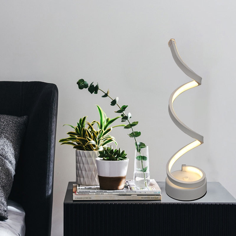 Lámpara de mesa en espiral LED moderna, lámpara de mesita de noche de escritorio curvada, luz blanca fría cálida para sala de estar, dormitorio, iluminación de lectura