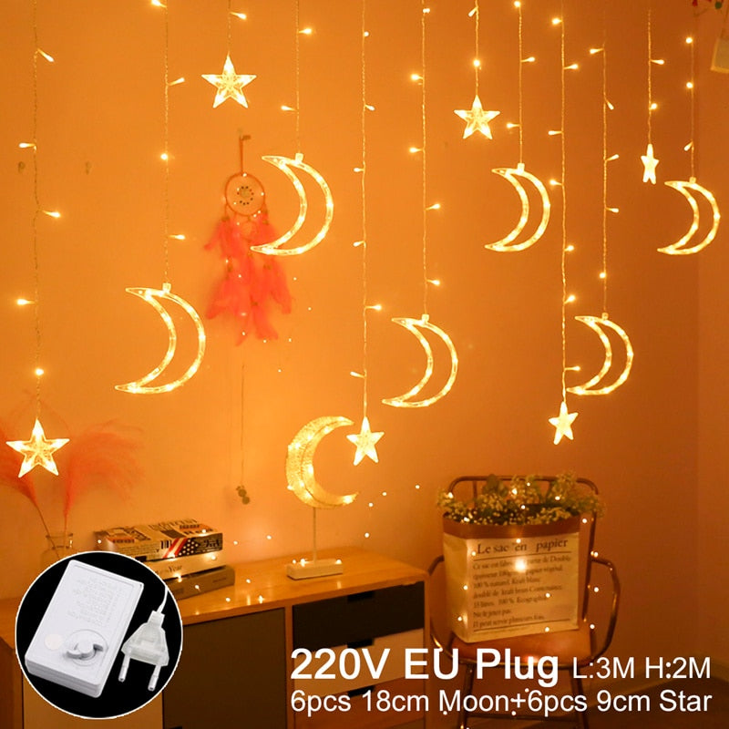 Eid Mubarak Star Moon Led Curtain Garland String Lights Ramadan Decoration Islam Muslim Party Decor Eid Al Adha Gifts Eid Lights