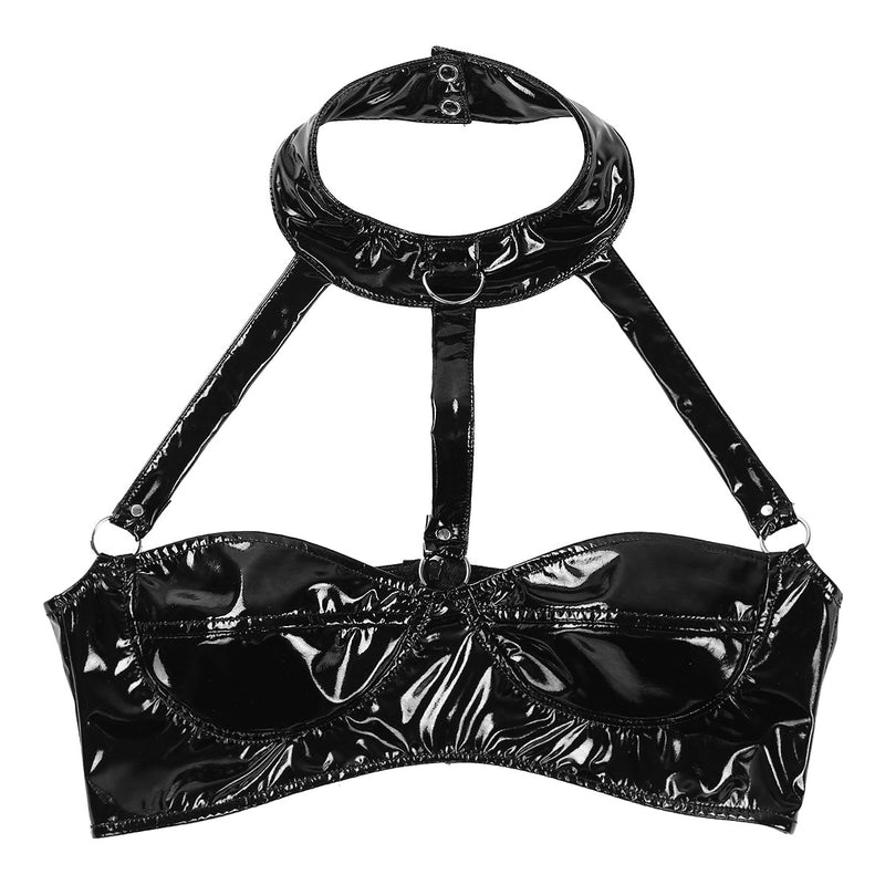 MSemis Women Pole Dance Crop Top Wet Look Patent Leather Lingerie Halter Neck Strappy Harness Backless Wire-free Bustier Bra Top