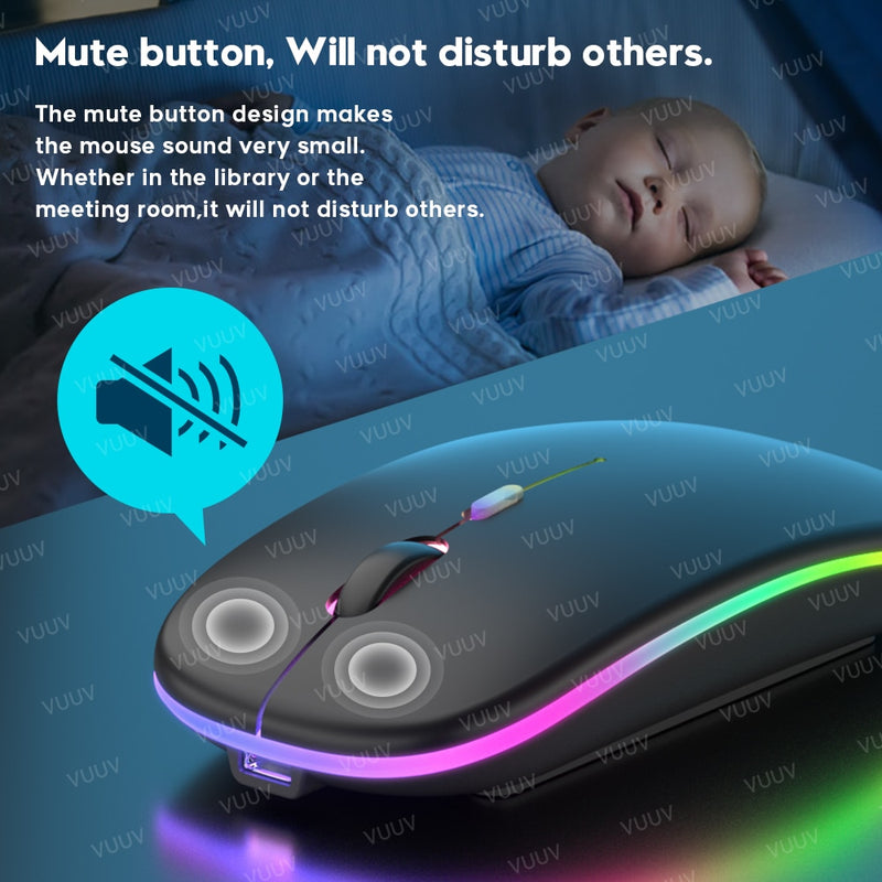 Kabellose Bluetooth-Maus für Computer, PC, Laptop, iPad, Tablet, MacBook mit RGB-Hintergrundbeleuchtung, ergonomische, leise, wiederaufladbare USB-Maus