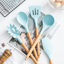Silicone Cooking Utensils Set Non-stick Spatula Soup Spoon Wooden Handle with Storage Box Kitchen Tools Set Gifts for Mother
