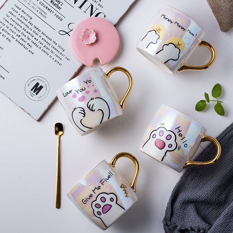 Taza de gato de cerámica de dibujos animados con tapa y cuchara, tazas de leche de café, taza de desayuno creativa bonita, regalo de cumpleaños de boda para el Día de San Valentín