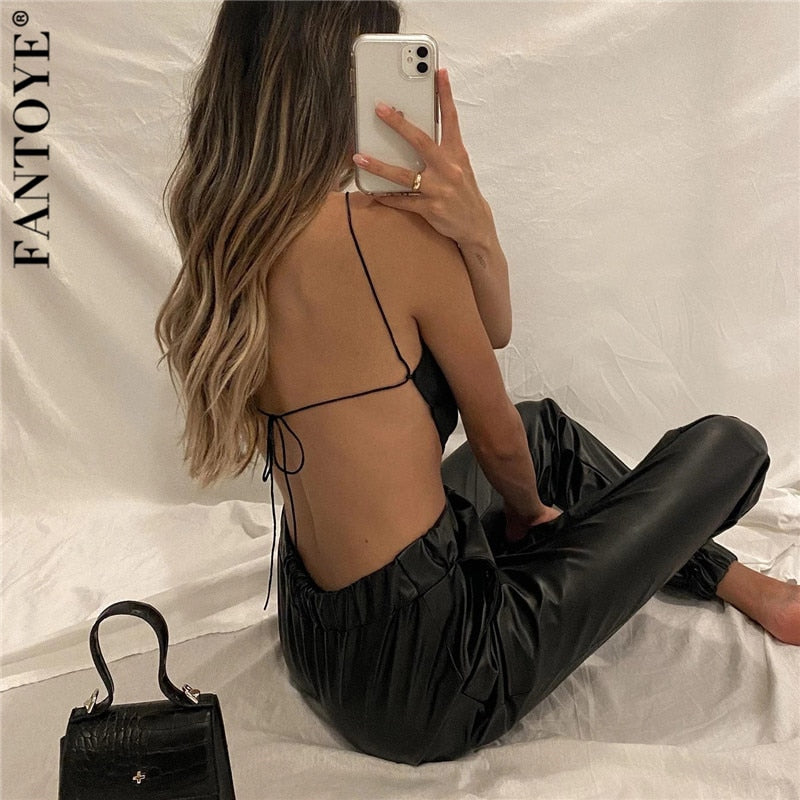 FANTOYE Stain Sexy Bandage Irregular Camis For Women Summer Backless Black Skinny Crop Tops Casual New Solid Nightclub Tank Tops