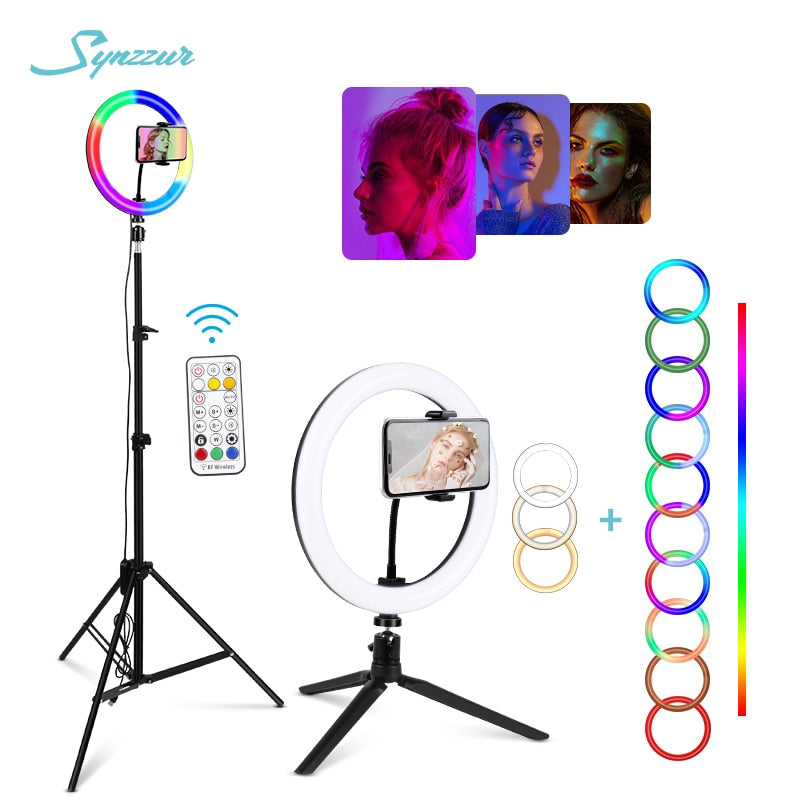 Anillo de luz Led RGB con soporte, iluminación colorida, 29 colores, 3 modos normales, Selfie regulable, anillo de luz de 10 pulgadas para vídeo de Youtube