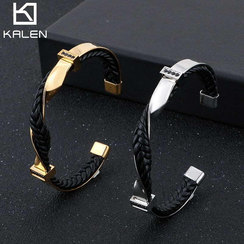 Kalen Men's Stainless Steel Leather Zircon Fashion Bracelet Twisted Surface Shape Accessories