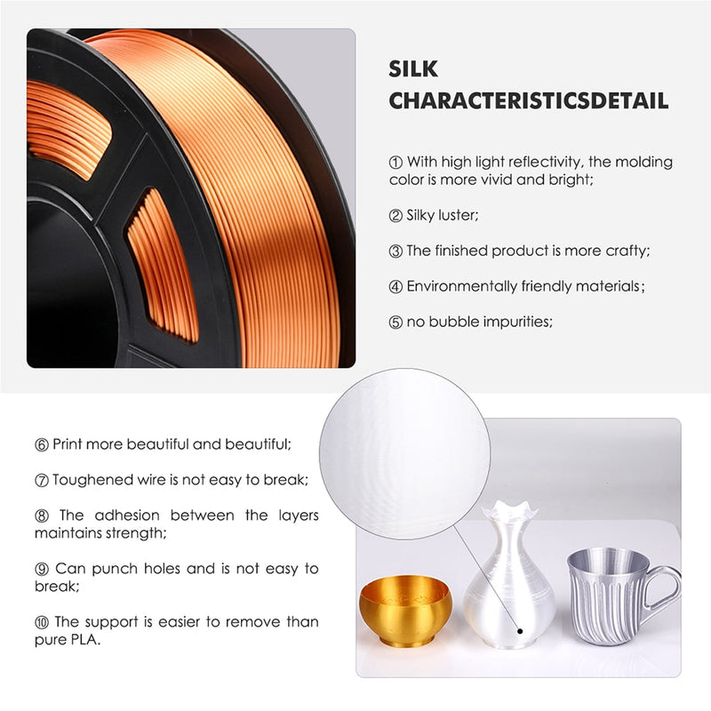 SUNLU SILK PLA 3D-Filament 1,75 mm 1 kg PLA-Filament mit Seidenstruktur für 3D-Drucker Glatte Druckmaterialien Umweltfreundliches 3D-Material