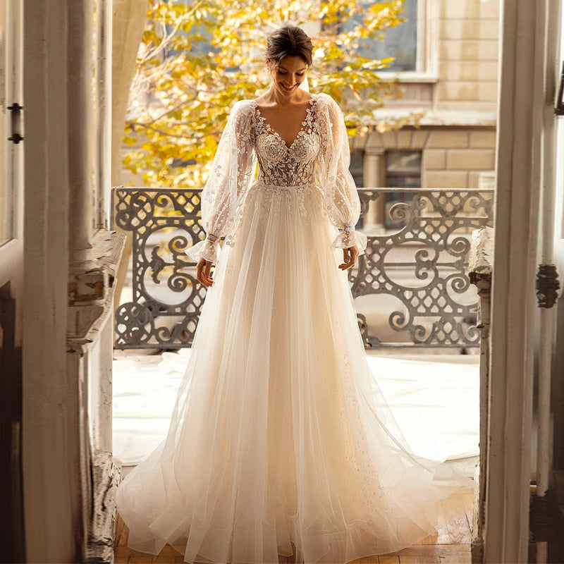 Romantic Flower Lace Wedding Dress Princess Bridal Gowns Long Sleeves V Neck See-through A Line Sweep Train Wedding Dresses