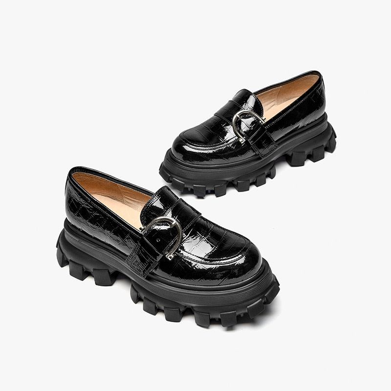 BeauToday Platform Shoes Women Patent Leather Flats Alligator Pattern Round Toe Buckle Decoration Ladies Slip On Handmade 27738