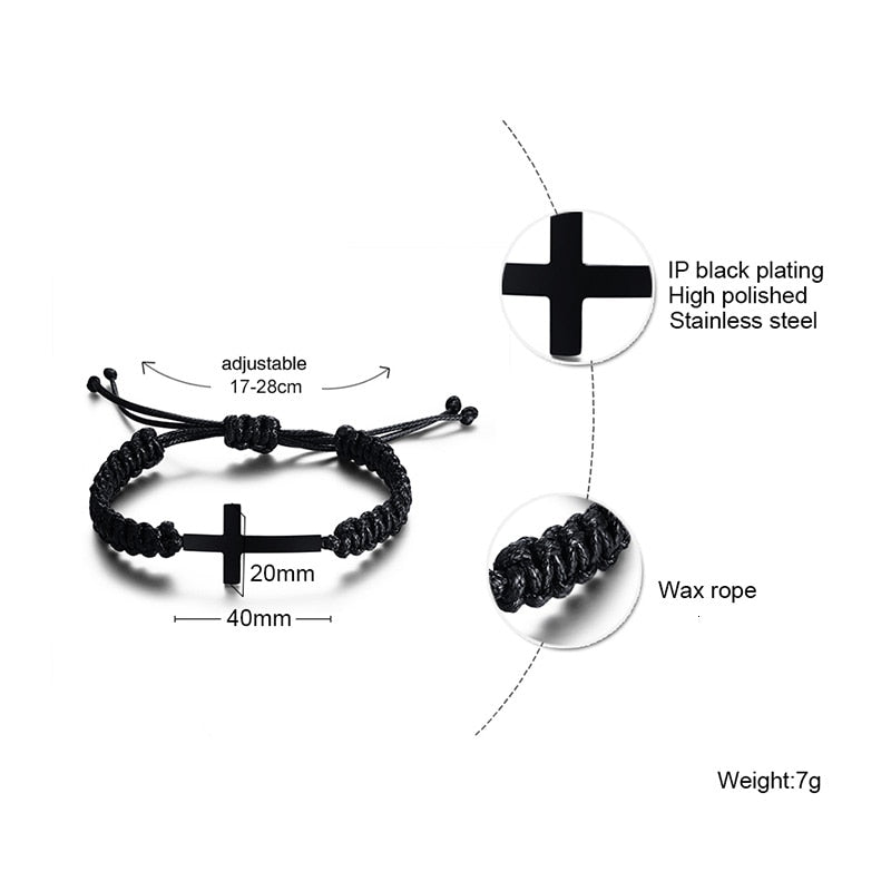 Vnox Black Cross Charm Bracelet Braided Rope Chain Unisex Handmade Jewelry