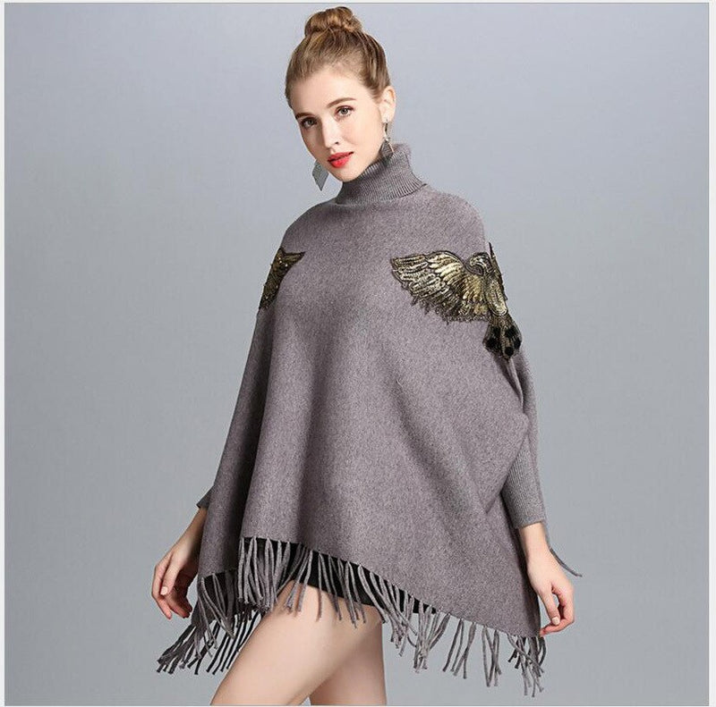 Bat Sleeve Turtleneck Knitted Sweater Poncho Female Fashion Embroidery Tassel Mid-length Sweater Poncho Pullover Women Spring