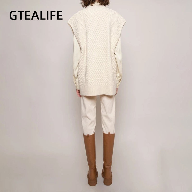 Gtealife Women Vest Simple All-match Style V-neck Knitted Sweater Leisure Student Sleeveless Female Vintage sweater waistcoat
