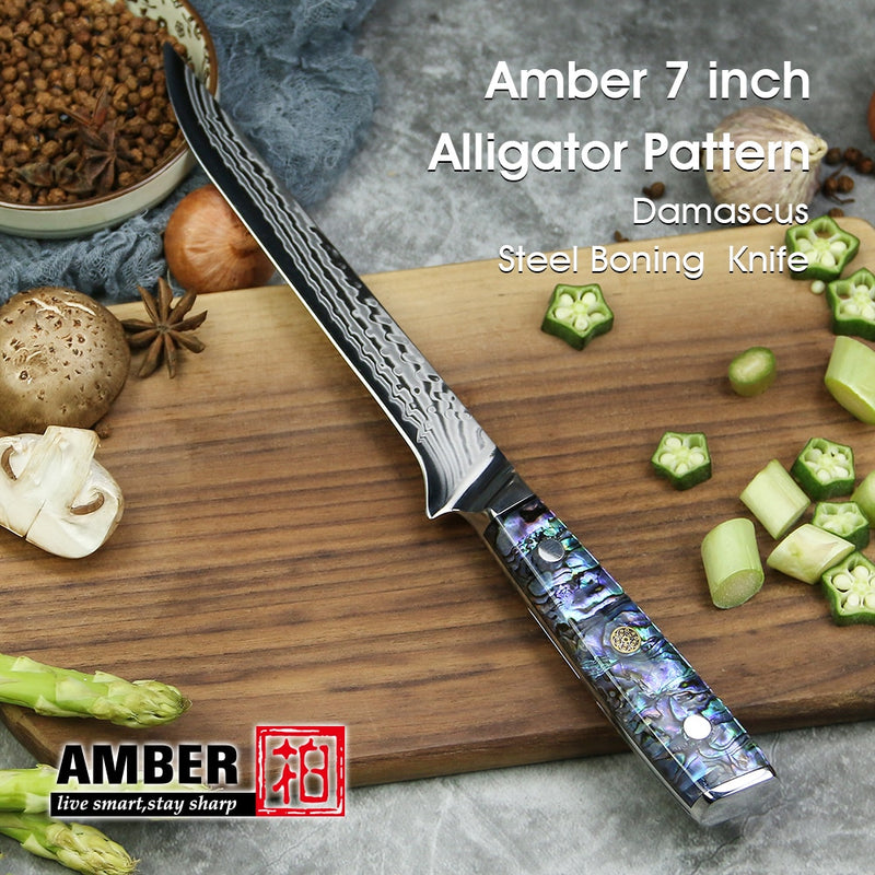 Patrón de cocodrilo ámbar 37 capas Damasco acero AUS10V núcleo cuchillo de cocina