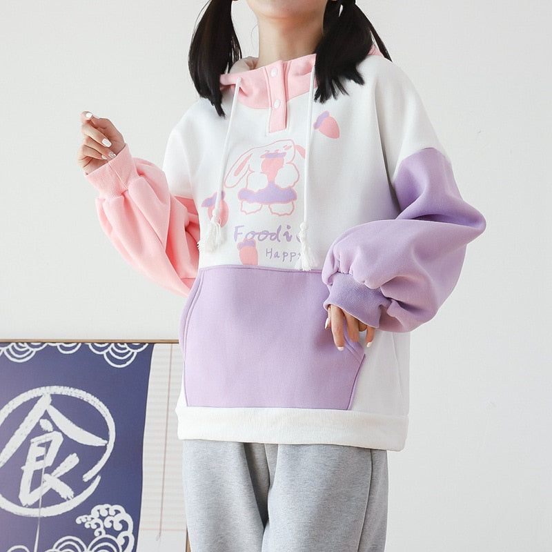 Women Bunny Hoodie Harajuku Kawaii Rabbit Anime Graphic Sweatshirt Teen Girls Winter Clothes Pink Purple Korean Cute Pullover