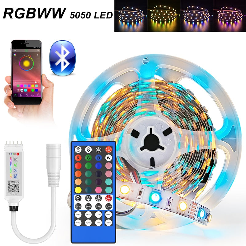 Tira de luces LED de 5M-30M, Bluetooth RGBWW SMD 5050, luces LED DC12V RGB, cinta Led, cinta de diodo, aplicación Flexible, Control de teléfono + adaptador