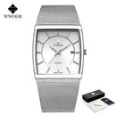 WWOOR Luxury Gold Watch Men Square Japan Quartz Slim Steel Mesh Waterproof Sports Automatic Date Wrist Watches Relogio Masculino