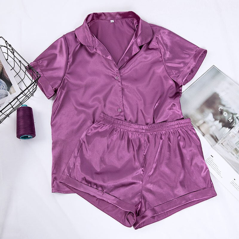 HiLoc Solid Satin Nachtwäsche Seide Pyjama Set Top und Shorts Zweiteiler Pyjama Damen Pyjama Kurzarm Home Suit Casual