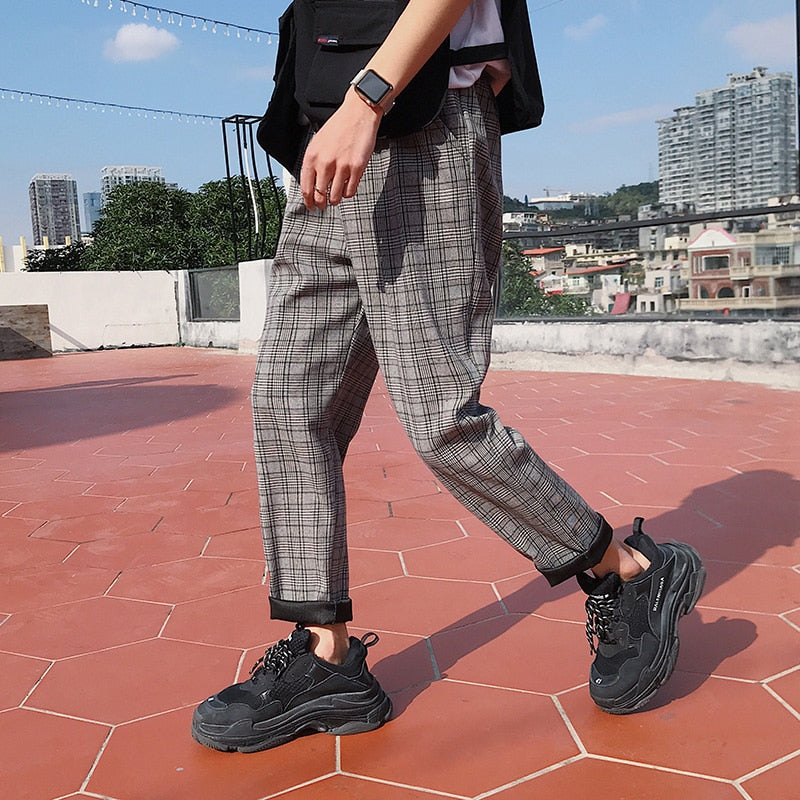 LAPPSTER-Youth Streetwear Black Plaid Pants Men Joggers 2022 Mens Straight Harem Pants Men Korean Hip Hop Trousers Plus Size