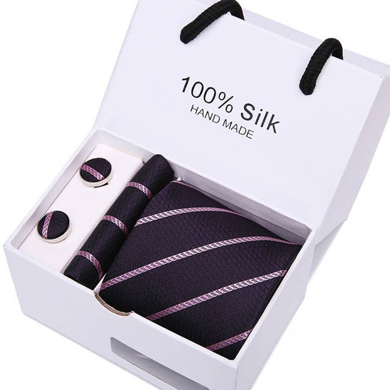 Gift box Packing  Brand Luxury Necktie Pocket Square Wedding Mens Neck TIes Silk Tie Set  Cufflinks Handkerchief