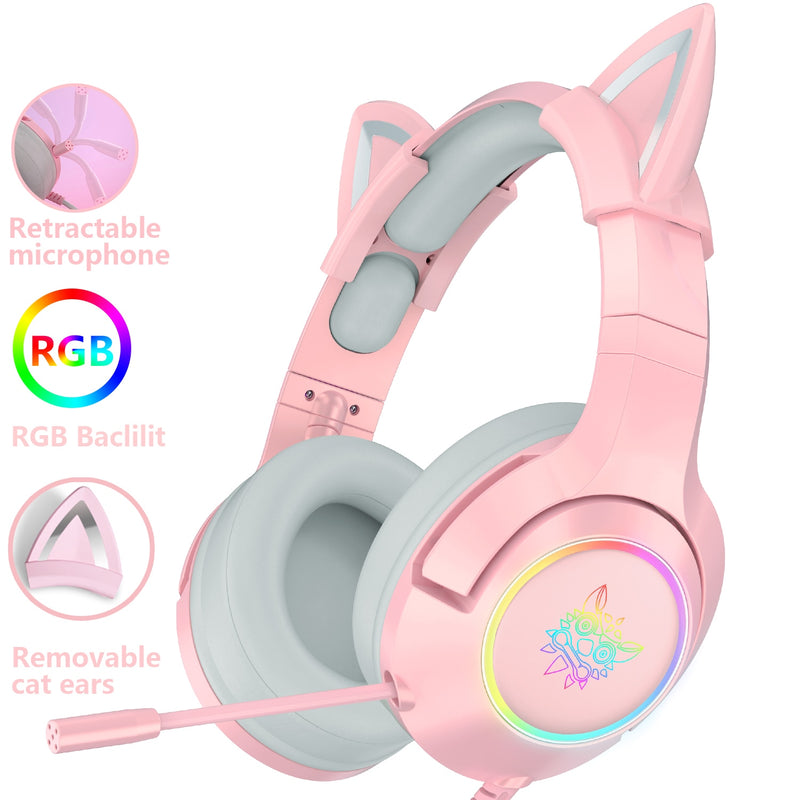 Auriculares estéreo RGB Gaming 7,1, auriculares rosas, Oreja de Gato extraíble, cable USB con micrófono, reducción de ruido para PS4/Xbox one, linda chica