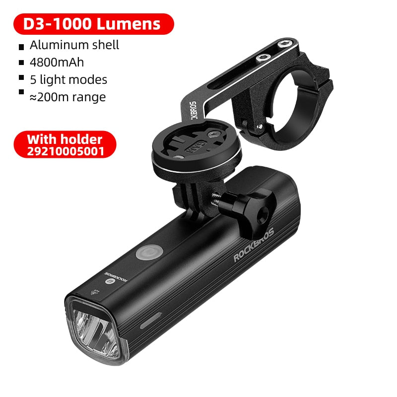 ROCKBROS 400-1000LM Bike Light Bicycle Headlight With Mount Holder IPX3 USB Rechargeable Bike Flashlight Combo Out Front Holder