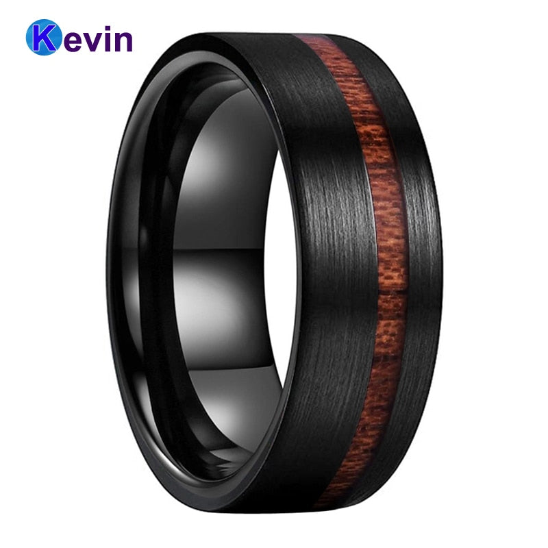 Anillo de madera clásico, banda de boda de tungsteno negro para hombres y mujeres con incrustaciones de madera auténtica con ranura compensada, ajuste cómodo de 8MM