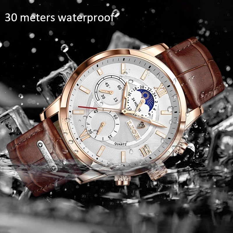 2022 LIGE Uhren Herren Top-Marke Luxus Uhr Casual Leder 24 Stunden Mondphase Herrenuhr Sport Wasserdicht Quarz Chronograph + Box