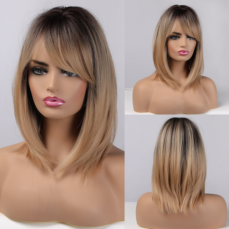 Medium Length Ombre Brown to Blonde Straight Hair Wigs with Bangs Synthetic Wigs for Women Cosplay Heat Resistant Natural Wigs