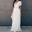 Ordifree 2022 Summer Vintage Women Maxi Party Dress Short Sleeve White Lace Long Tunic Beach Dress Vocation Holiday Clothes