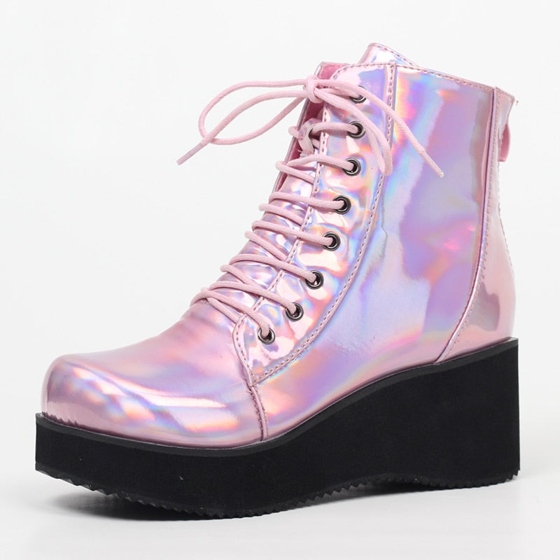 JIALUOWEI, nuevo estilo, zapatos Unisex, tacón de cuña Punk, 7cm, cuero holográfico rosa, disfraces de Halloween, botines góticos