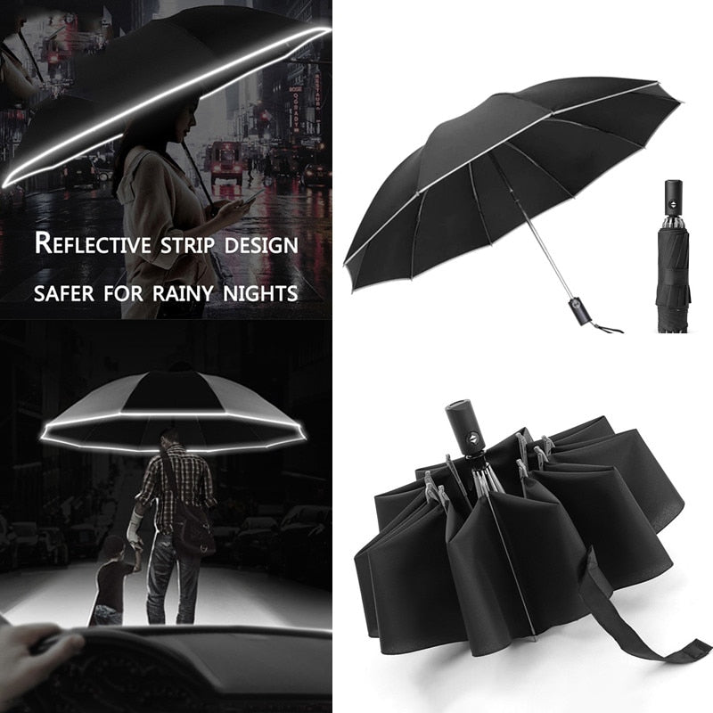 Paraguas automático LED con rayas reflectantes, paraguas de luz Led inversa, almacén ruso invertido plegable no automático