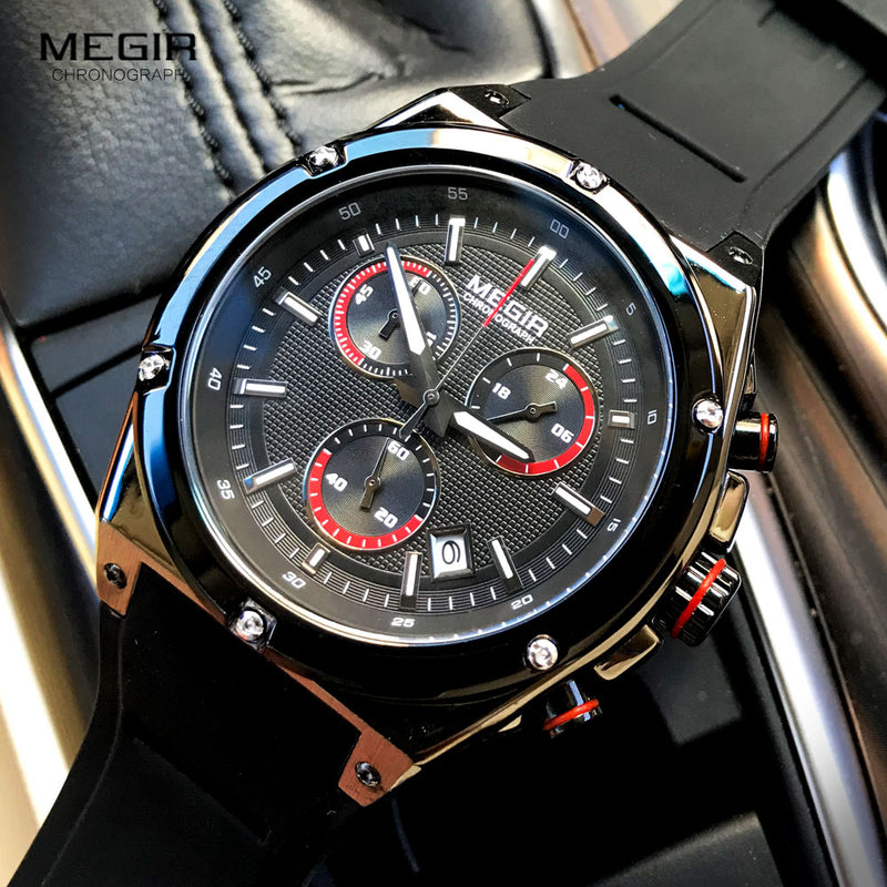 Megir Men Black Silicone Sports Quartz Wrist Watches Luminous Relojios Relojes Waterproof Chronograph Clock Montres Q2073G-BK-1