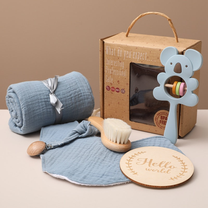 Let's Make 1set Baby Stuff Toalla de baño Manta de algodón Cepillo Productos de regalo para niños Juguete Caja de sonajero de ganchillo Regalo de Navidad