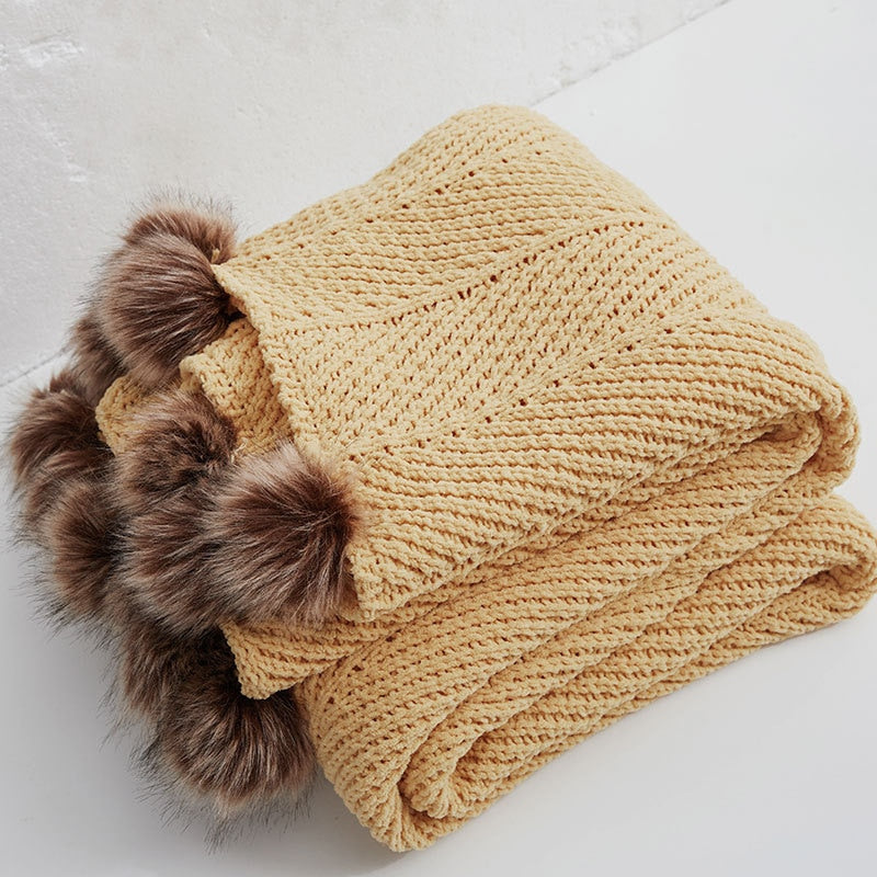 REGINA Brand Chunky Knit Chenille Blankets Cute Pompoms Home Decorative Warm Weighted Cozy Sofa Bed TV Knitted Throw Blanket