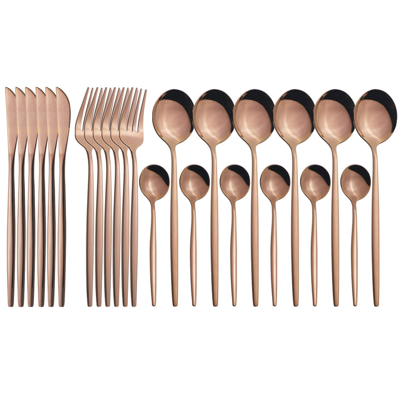 24 unids/set de vajilla de acero inoxidable, juego de cubiertos dorados, cuchillo de cena, tenedor, cuchara de café, vajilla, juegos de cubiertos de cocina